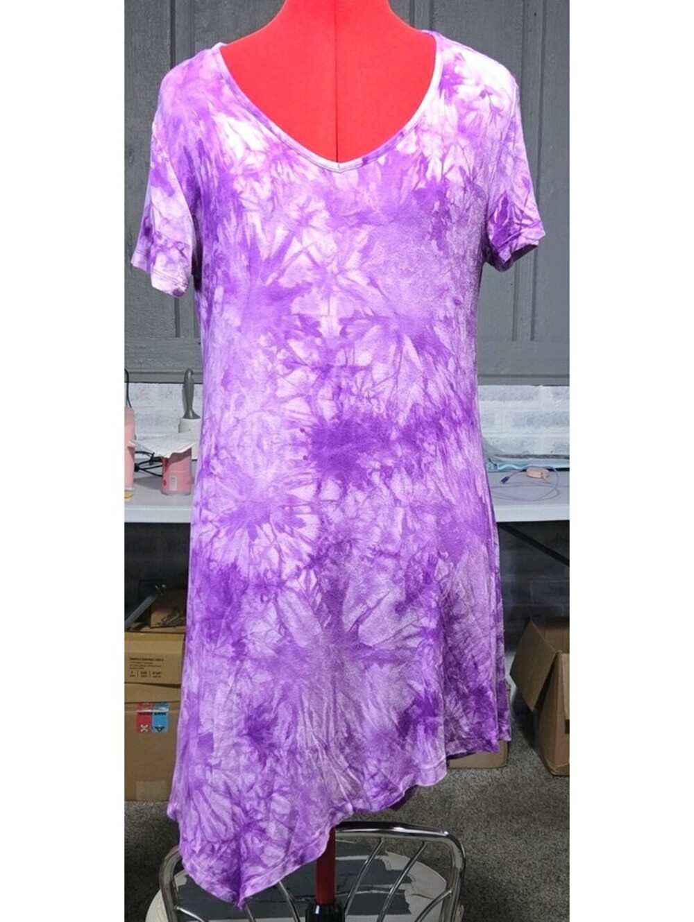 Lock & Love Purple Tie Dye T-Shirt Dress XL V-Neck Short Sleeve Knee Length